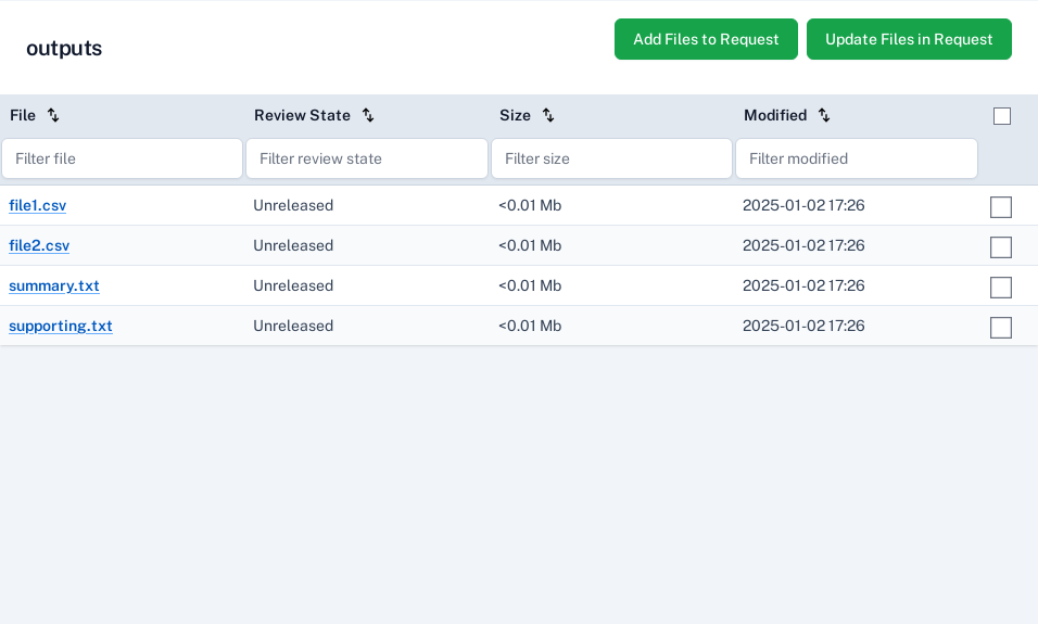 A screenshot showing the page within Airlock that allows users to select which files they would like to add to a release request.