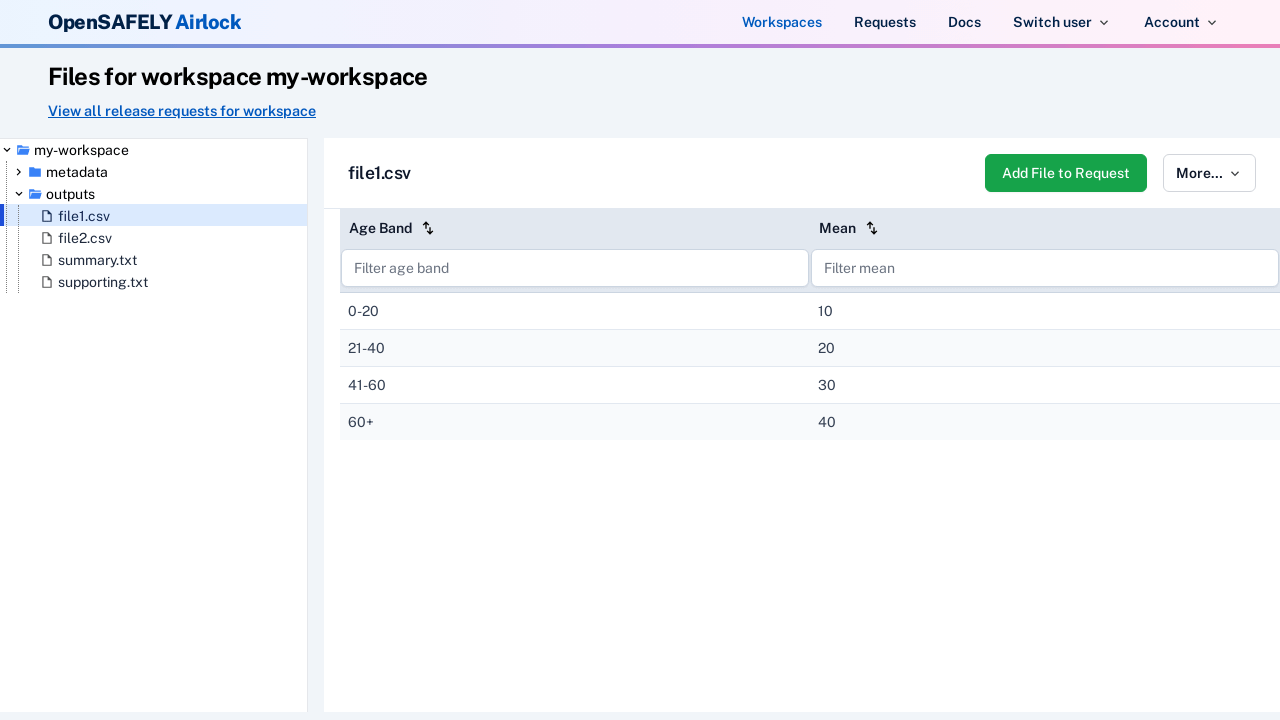 A screenshot showing the files available within the workspace ‘my-workspace’. A CSV file is highlighted, and the values from within that file are displayed in a nicely formatted panel.